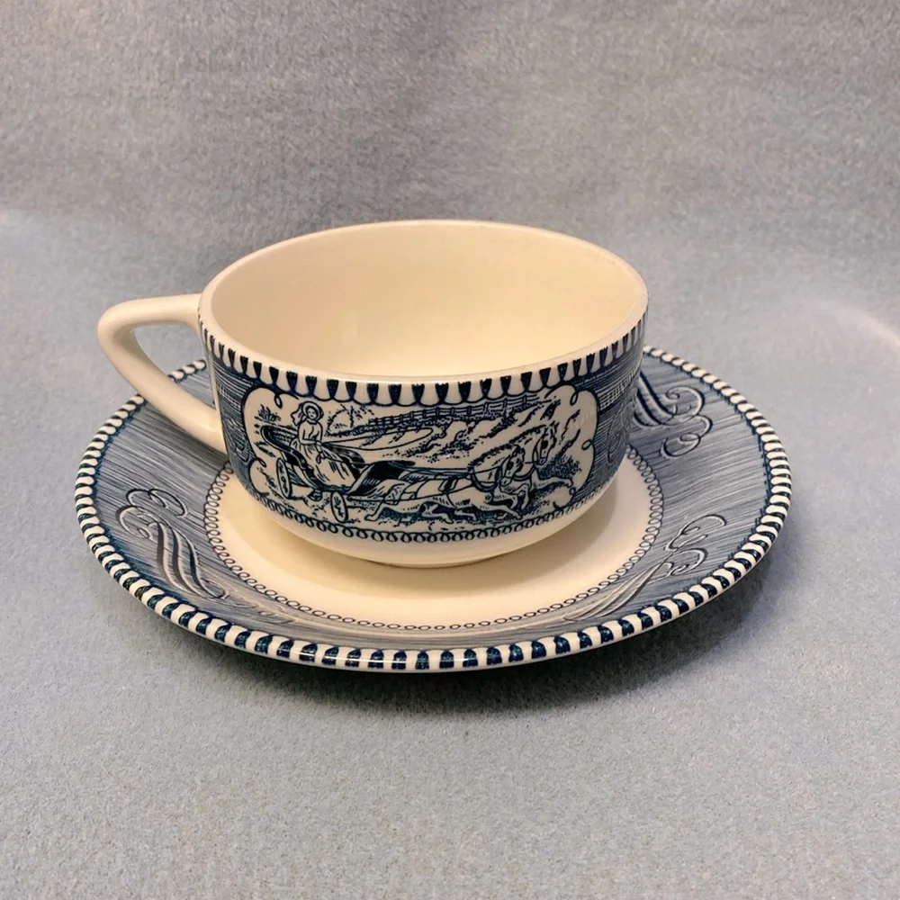 Blue CURRIER AND IVES BLUE CHINA COFFEE CUP AND SAUCER